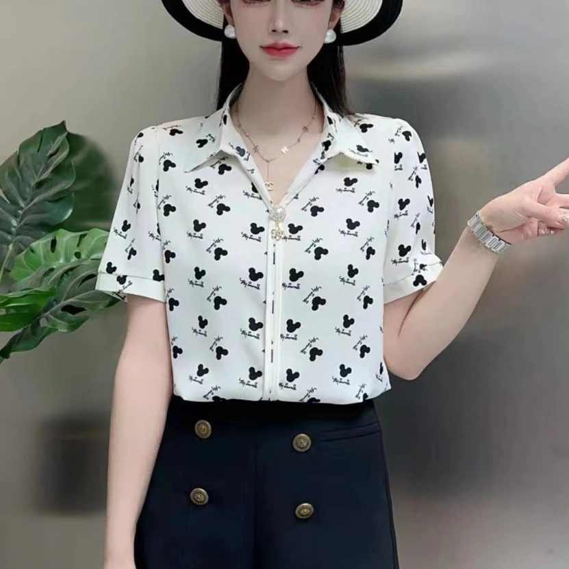 2023新款夏季套头胸针气质时尚洋气百搭显瘦减龄v领印花休闲衬衫