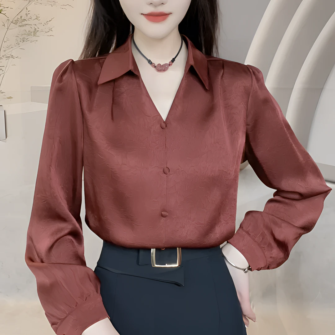 1529春季上新款印花缎面时尚减龄衬衣气质显瘦立领设计感衬衫女