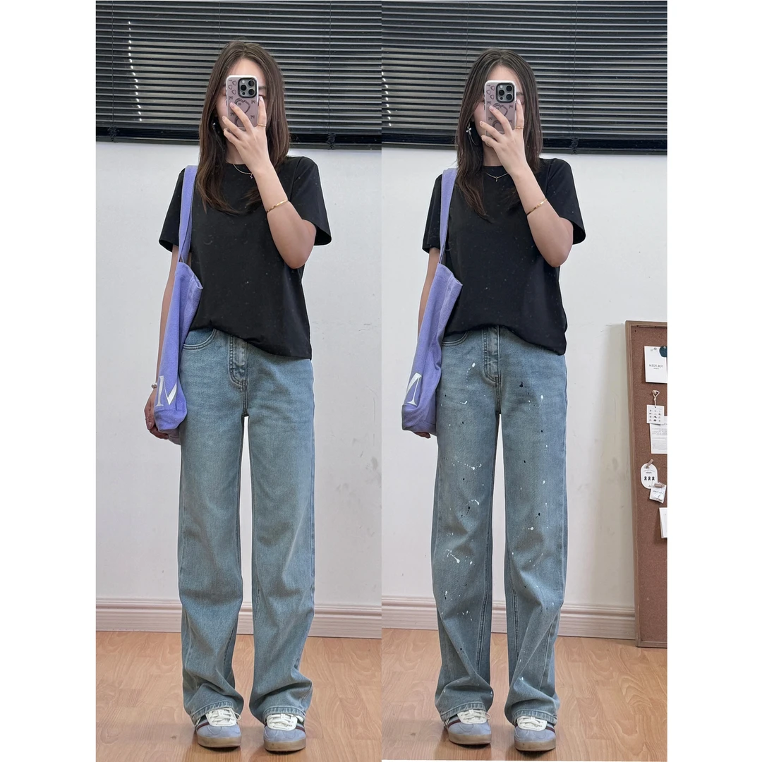 【周末我不在地球】2024美式高街泼墨牛仔低弹莱赛尔窄版阔腿直筒裤