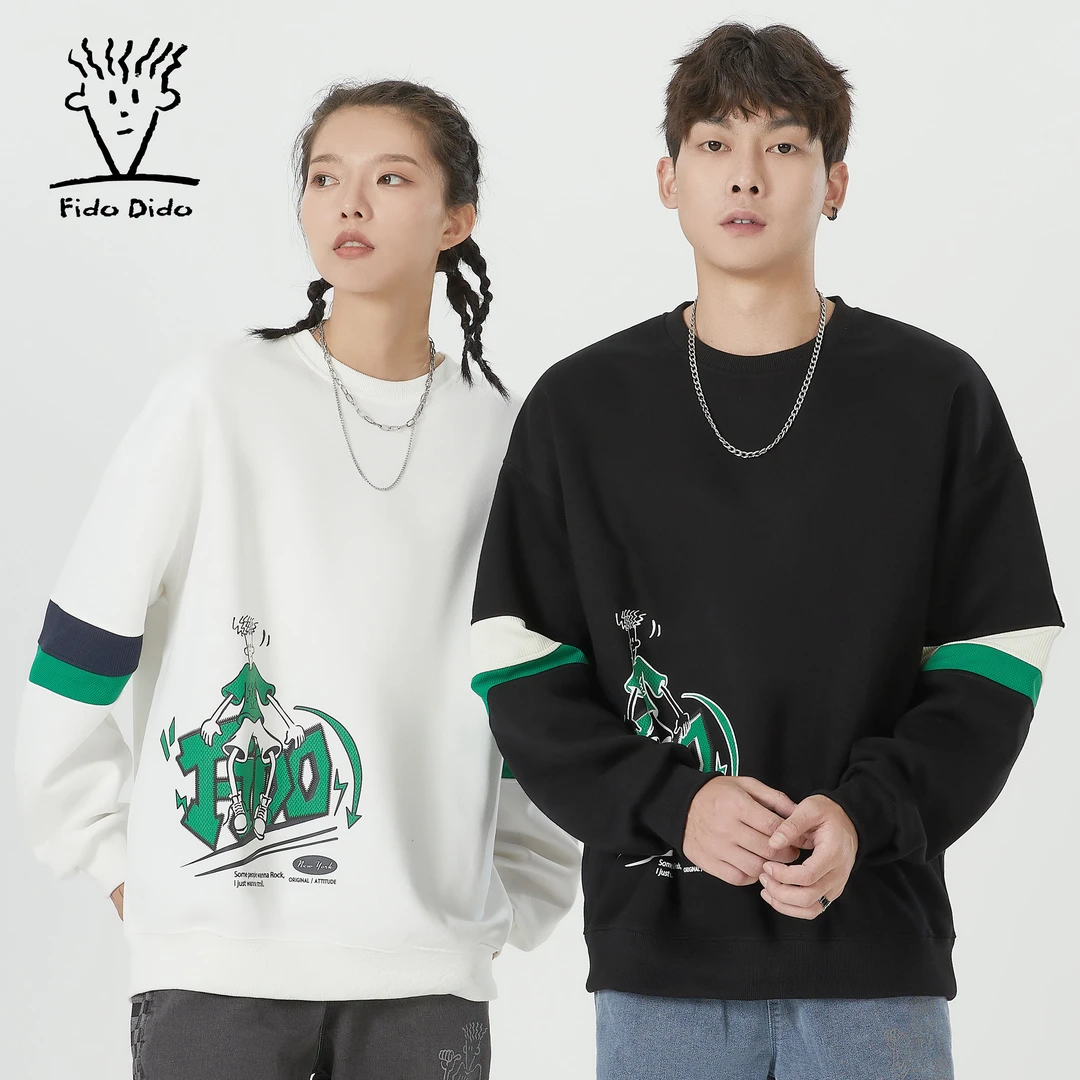 FIDO DIDO印花宽松长袖圆领套头卫衣男女同款FDCSW0064HJ