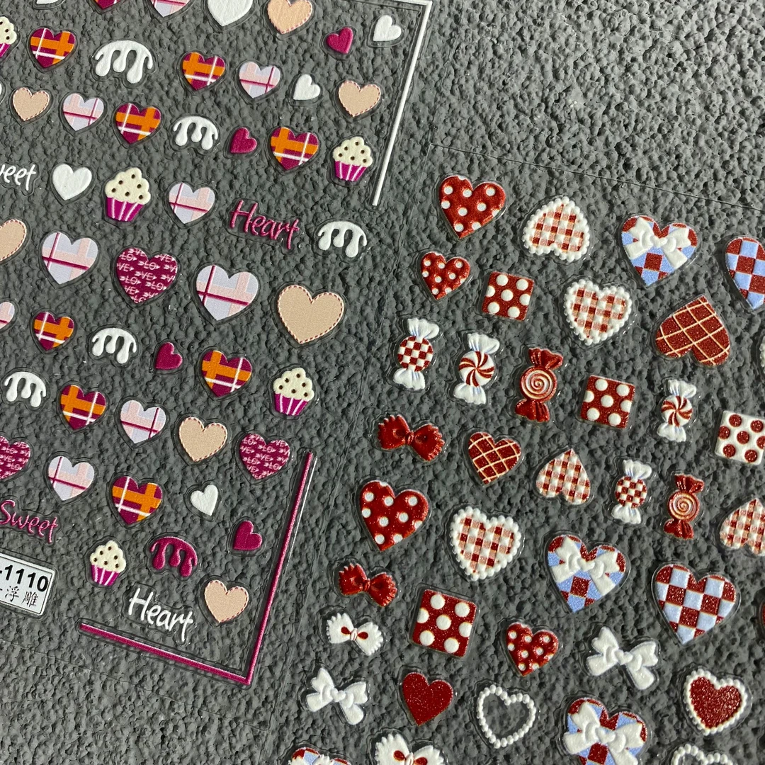 甜蜜爱心浮雕美甲贴纸格子红爱心浪漫情人手账diy素材指甲装饰贴