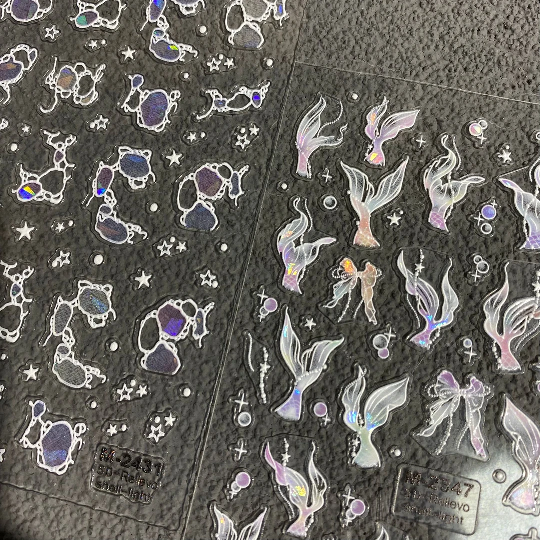 梦幻贝壳光水波纹人鱼尾浮雕美甲贴纸波光粼粼闪闪水波纹指甲贴花