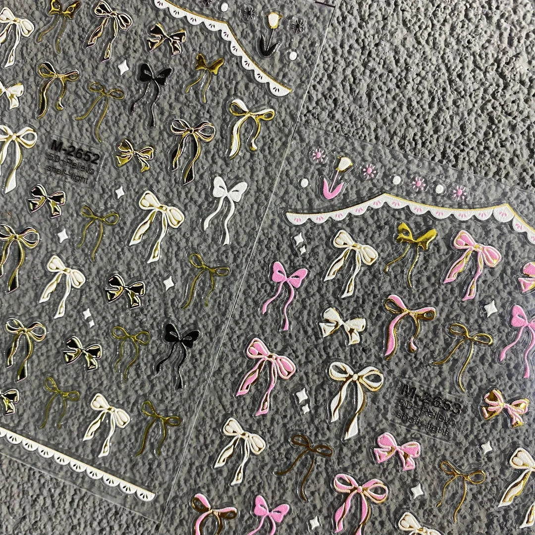 纯欲风黑白烫金蝴蝶结浮雕美甲贴纸高级感仙气飘带蝴蝶指甲装饰贴