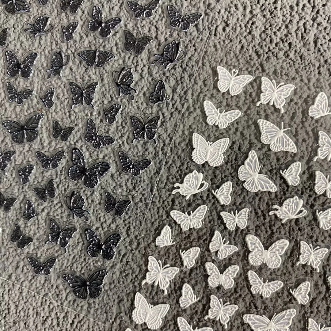 透色蕾丝黑白蝴蝶浮雕美甲贴纸迷你小款蝴蝶背胶防水指甲装饰贴