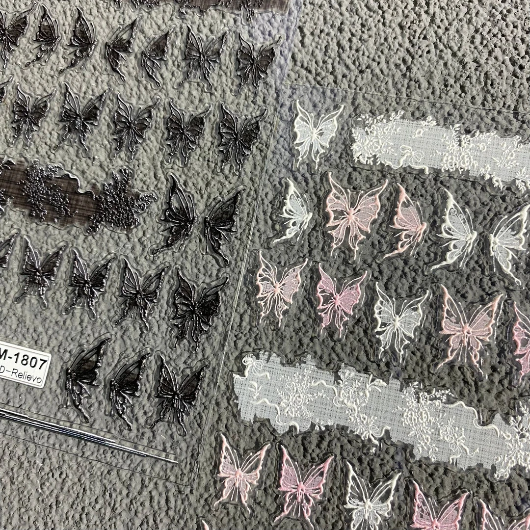 纯欲少女黑白粉蕾丝蝴蝶浮雕美甲贴纸超仙甜酷梦幻蝶翼指甲装饰贴