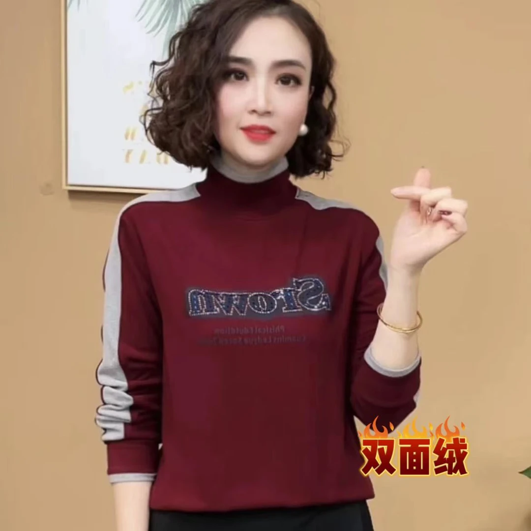 秋冬新款时尚洋气百搭半高领烫钻字母气质长袖双面绒显瘦女士小衫