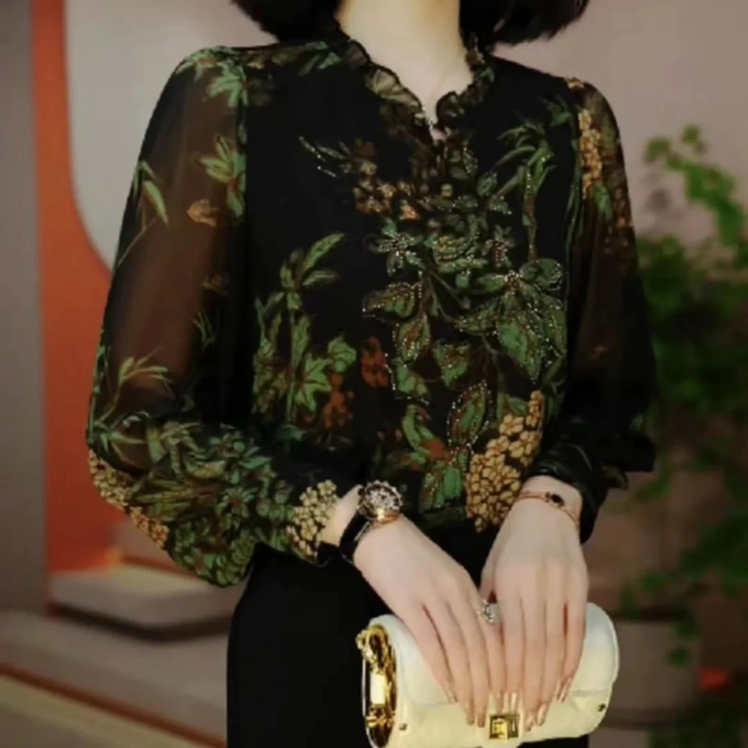 2024高端长袖时尚上衣显瘦百搭气质印花圆领减龄洋气小衫女士