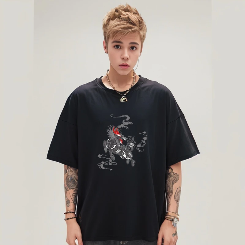 2024夏季新款重磅男士麒麟祥云印花短袖 T恤时尚百搭圆领半袖