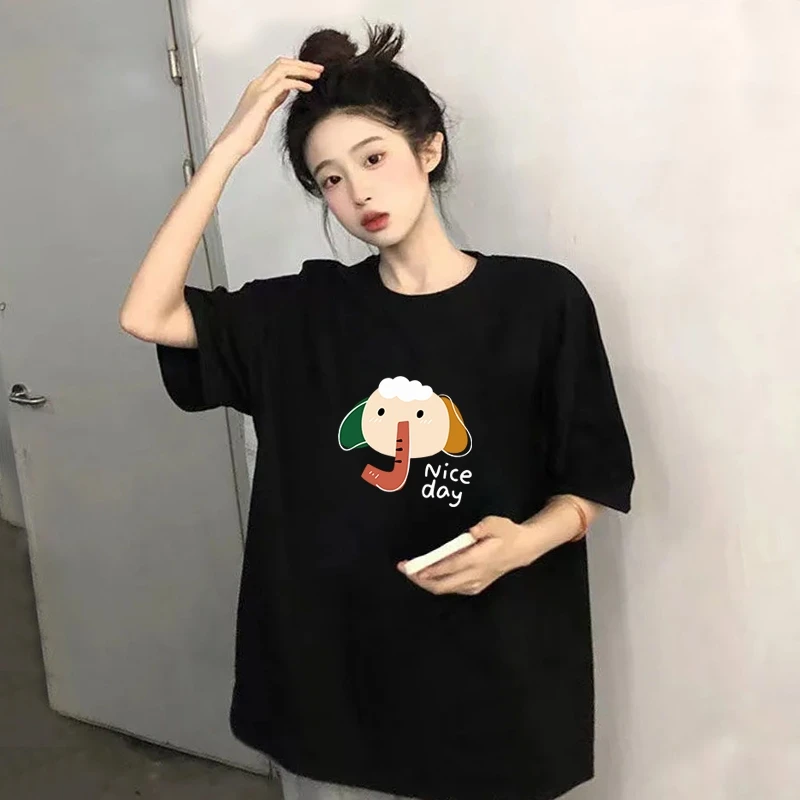 白色卡通中长款纯棉短袖t恤女2024年夏季新款宽松大码慵懒风体恤