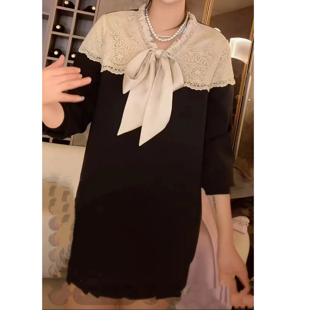 D7275 新款法式高级感蕾丝拼色质感飘带连衣裙