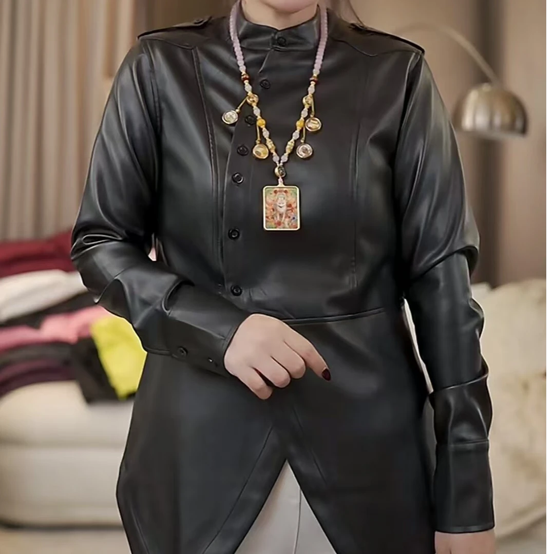 88321 不规则设计感修身立领单排扣柔软皮衣