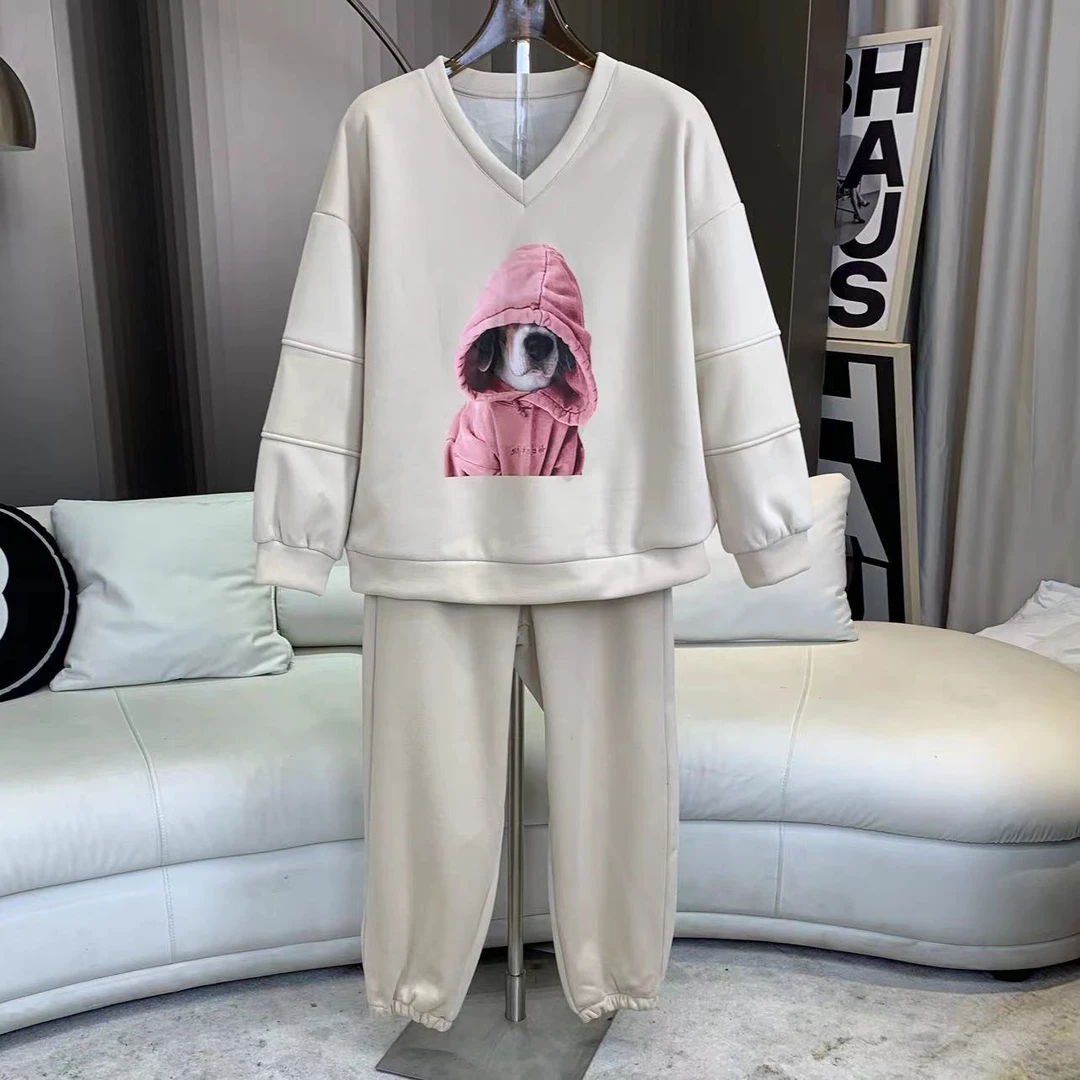 D7279 欧货洋气小狗印花V领卫衣+收脚卫裤加绒套装