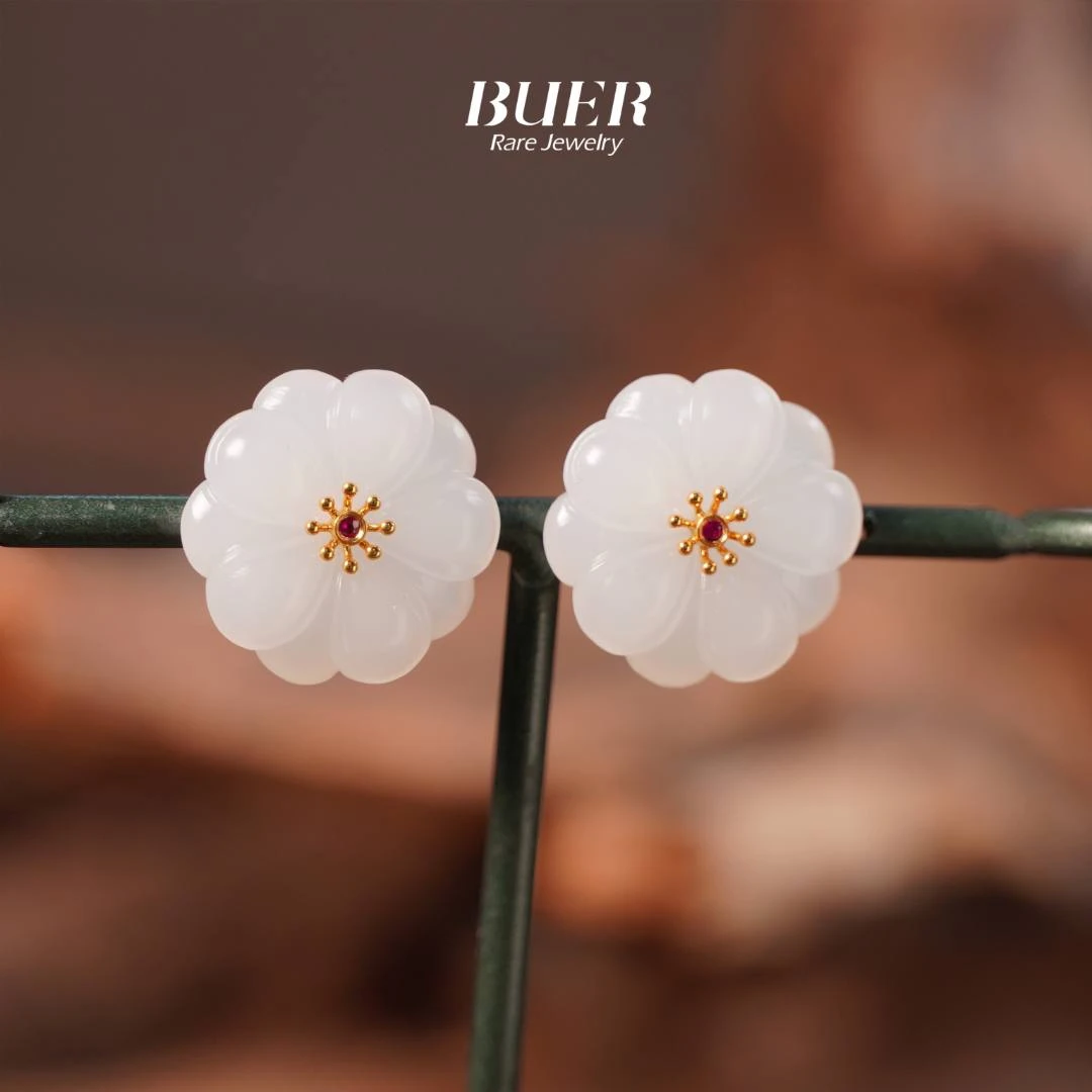 【不二】和田玉白玉18K金耳钉（小花）