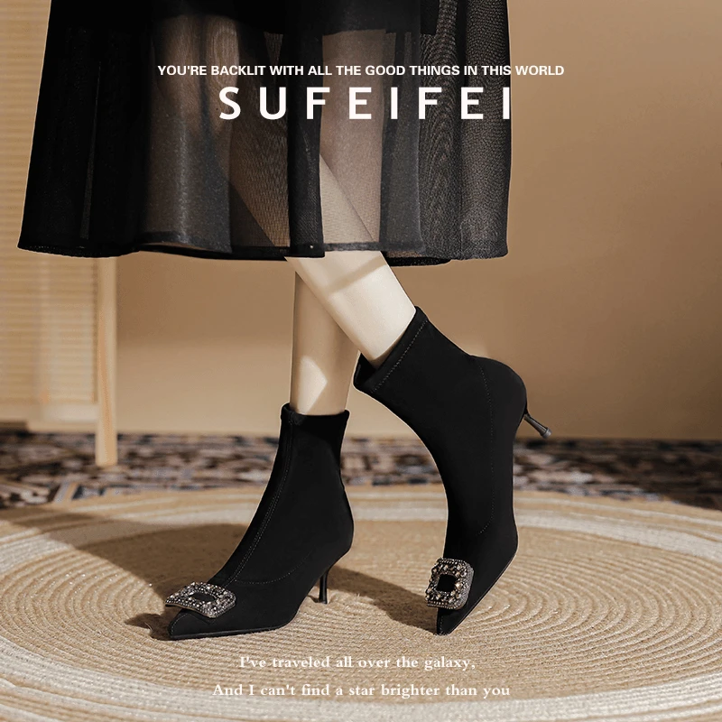 羊皮版~短筒瘦瘦弹力靴2024秋冬季新款细跟尖头黑色袜靴百搭单靴