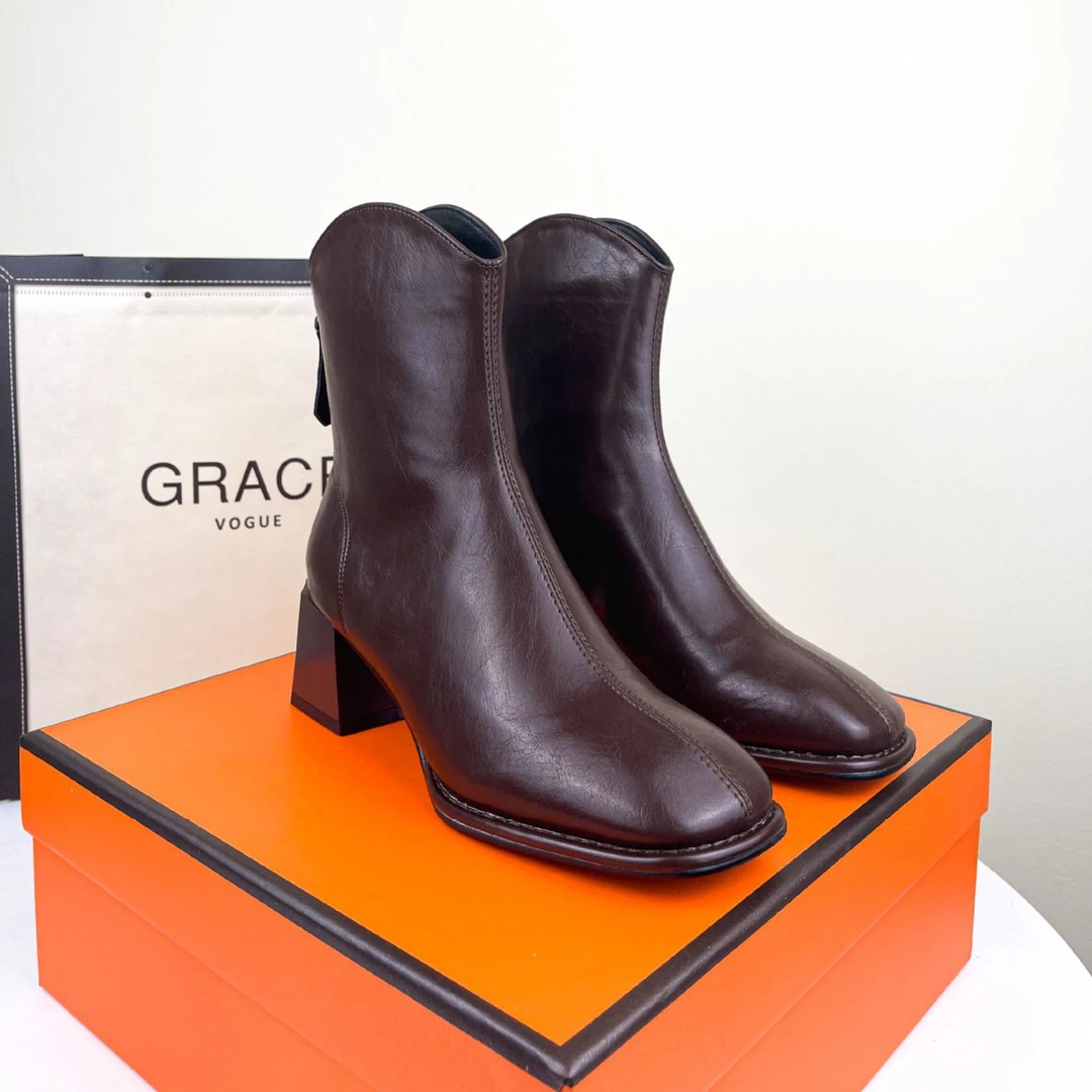 时尚百搭方头短靴女弹力粗跟新秋冬复古气质高跟后拉链瘦瘦短靴女