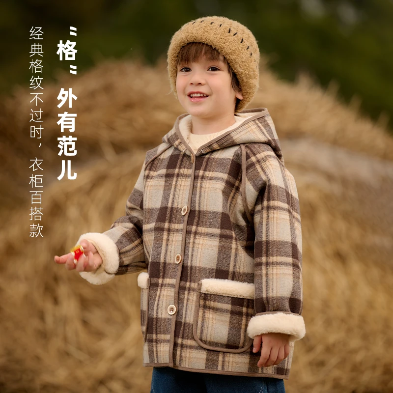 【清仓】棉花堂冬季儿童连帽格子外套保暖韩版男孩女孩大衣F242209