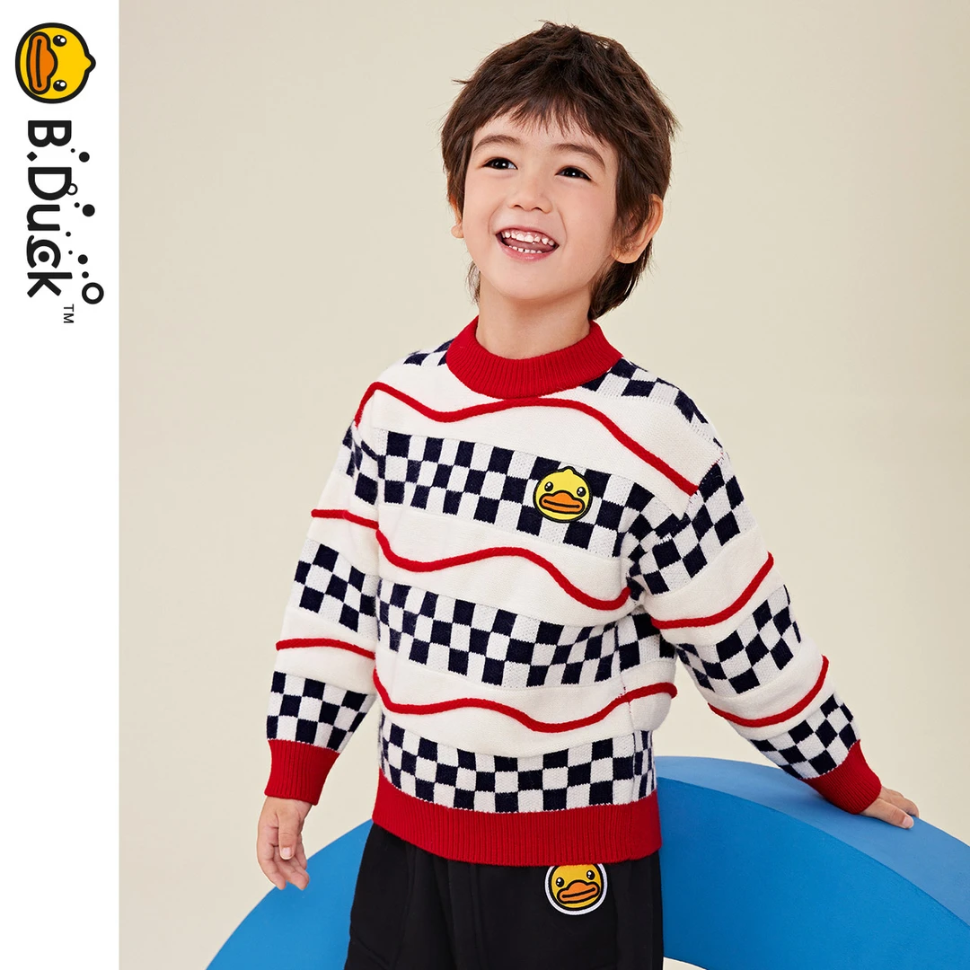 B.Duck小黄鸭儿童毛衣男童秋冬新款慵懒风针织衫条纹提花宝宝毛衫