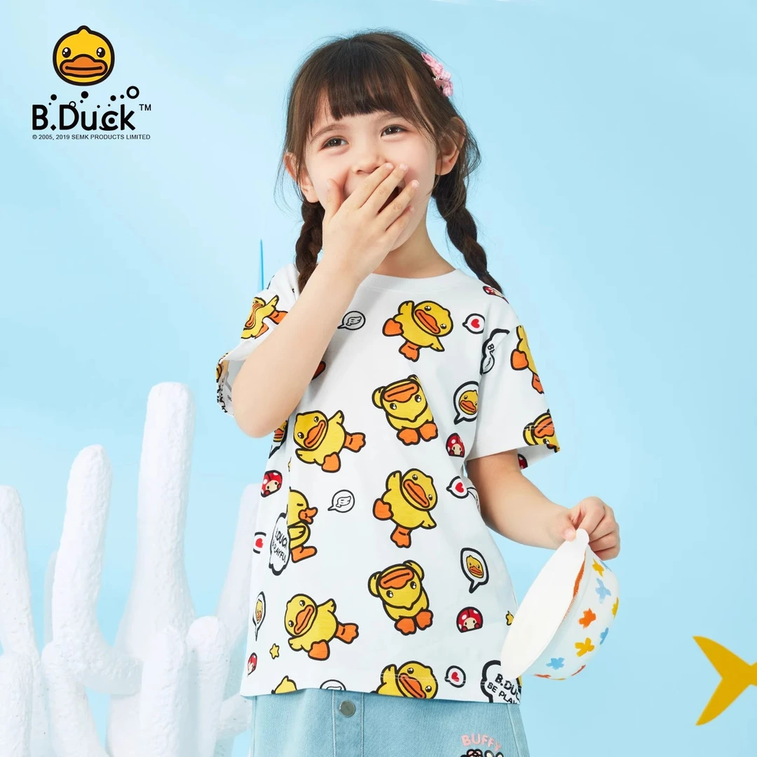 B.Duck小黄鸭童装儿童T恤2025纯棉夏季满印宝宝小童圆领半袖上衣