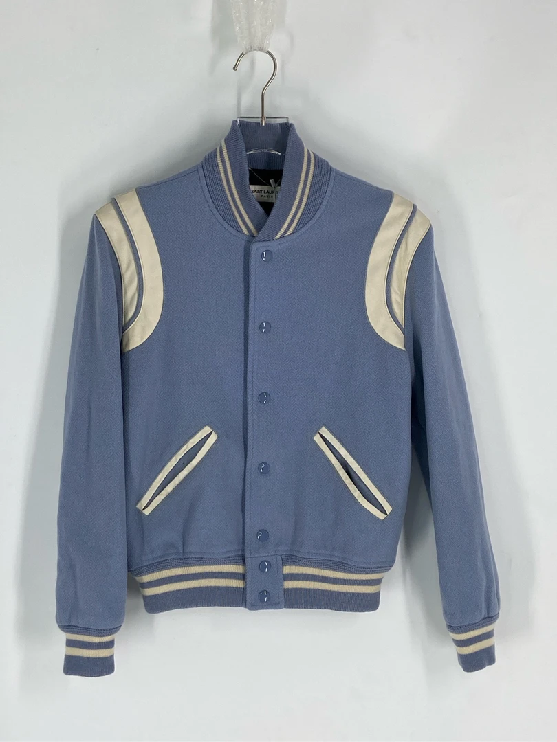 圣罗兰Saint Laurent雾霾蓝拼皮羊毛棒球服/42码/97新/02856