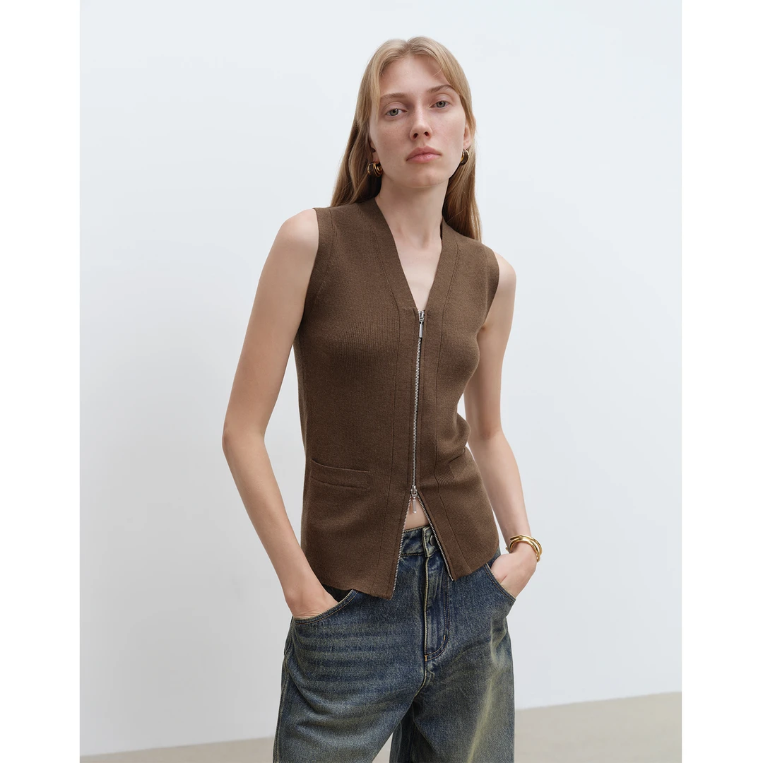 MSBEAST德国扬子云柔亲肤100羊毛 CleanFit风V领双开拉链针织马甲