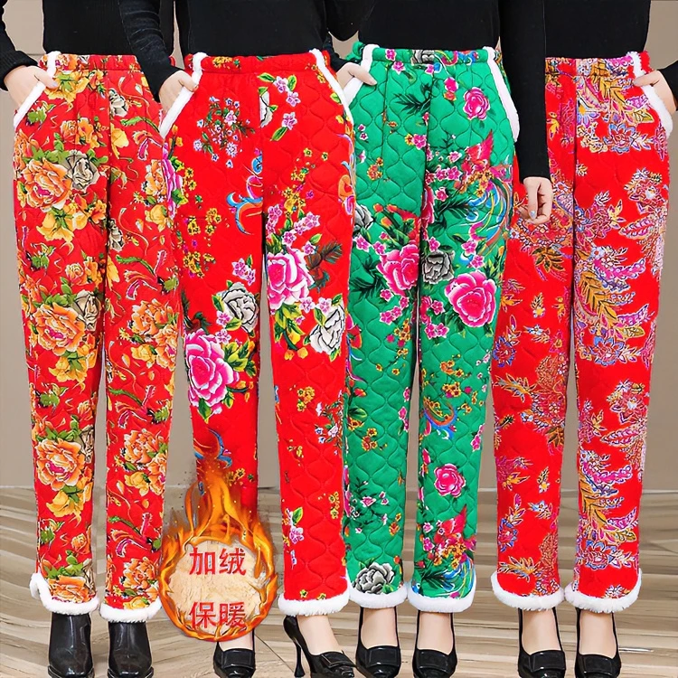 中国风东北大花棉裤女冬季加绒加厚休闲保暖民族风碎花棉裤&158