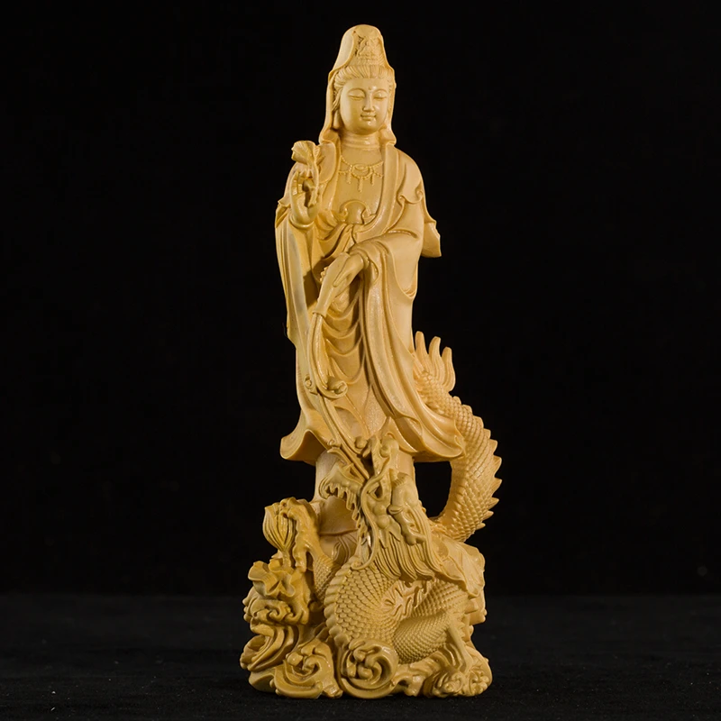 小叶黄杨木御龙观音摆件家居客厅装饰雕刻工艺品实木文玩收藏