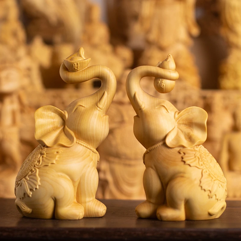 小叶黄杨木精雕财福大象摆件对象家居客厅电视柜装饰玄关品工艺品