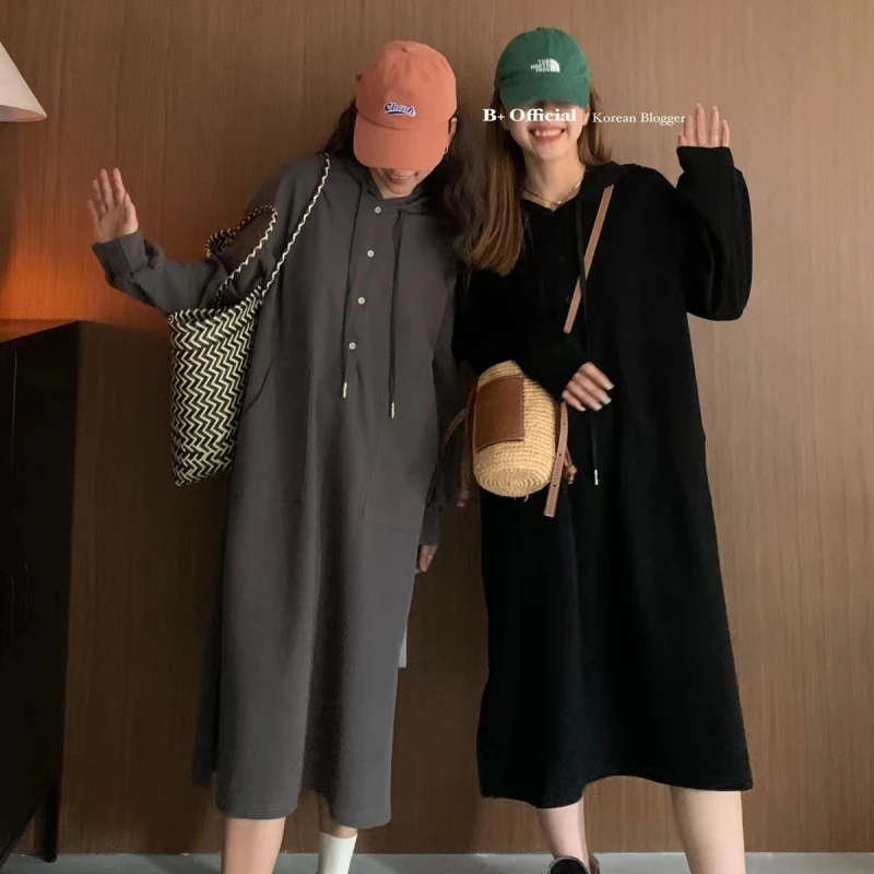 韩版连帽卫衣连衣裙 2023春季慵懒宽松复古长裙 一件过懒人裙大码