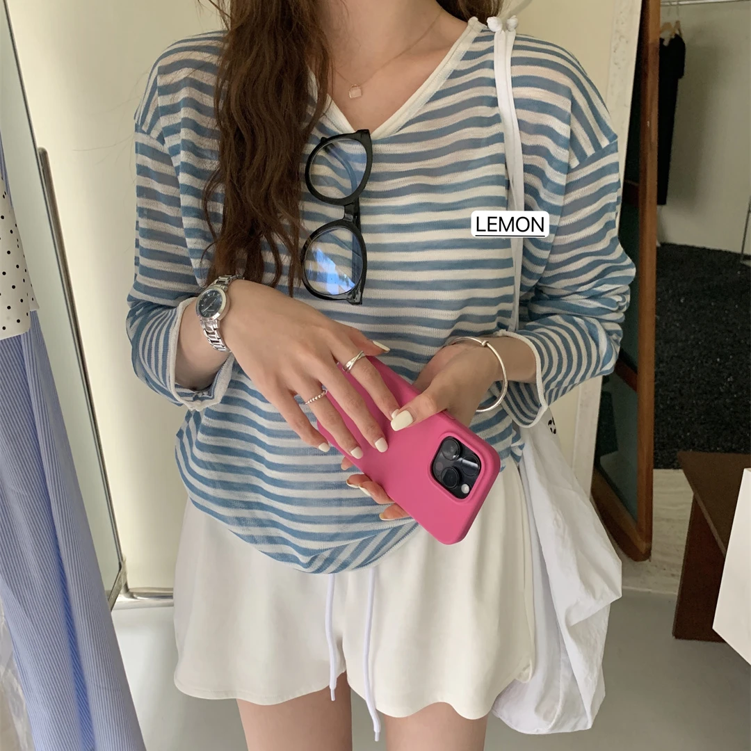 春夏薄款宽松针织衫女少女感元气减龄空调衫条纹圆领落肩甜美长袖