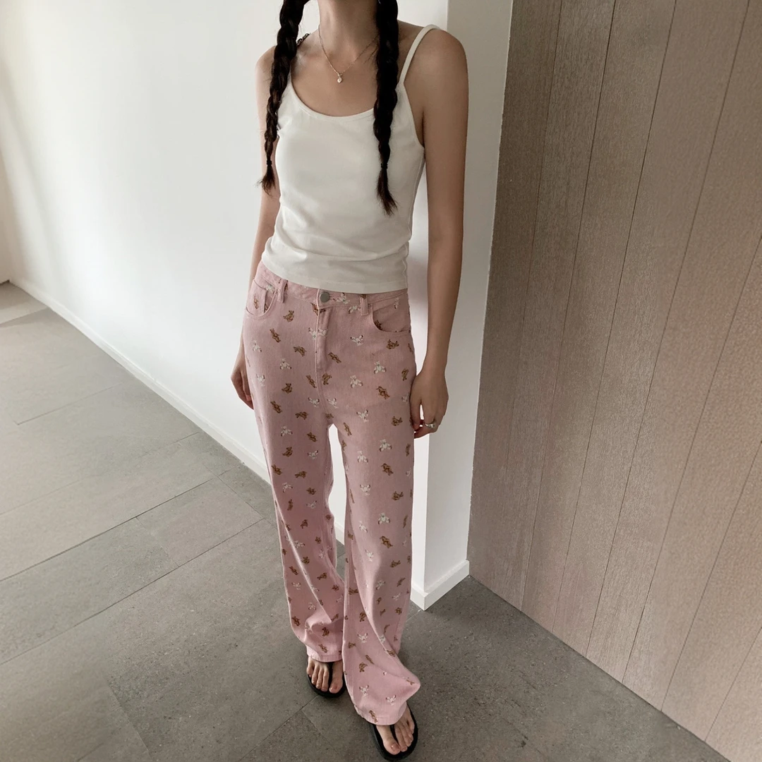 多巴胺女粉色ins小熊设计印花牛仔裤高腰遮肉显瘦宽松阔腿直筒裤