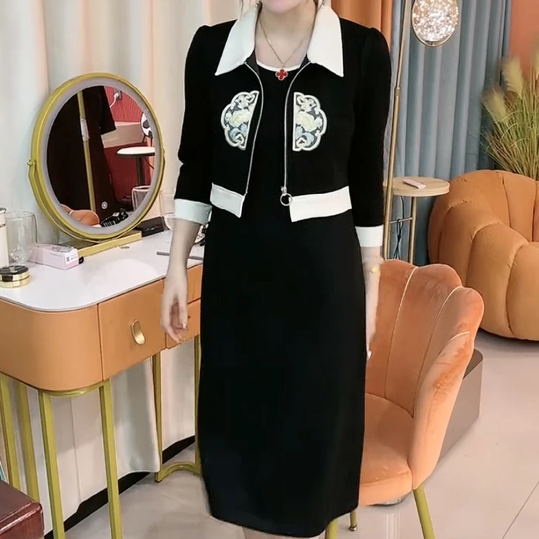 复古国风时尚女装连衣裙2024夏装新款洋气显瘦遮肉假两件拼接裙子