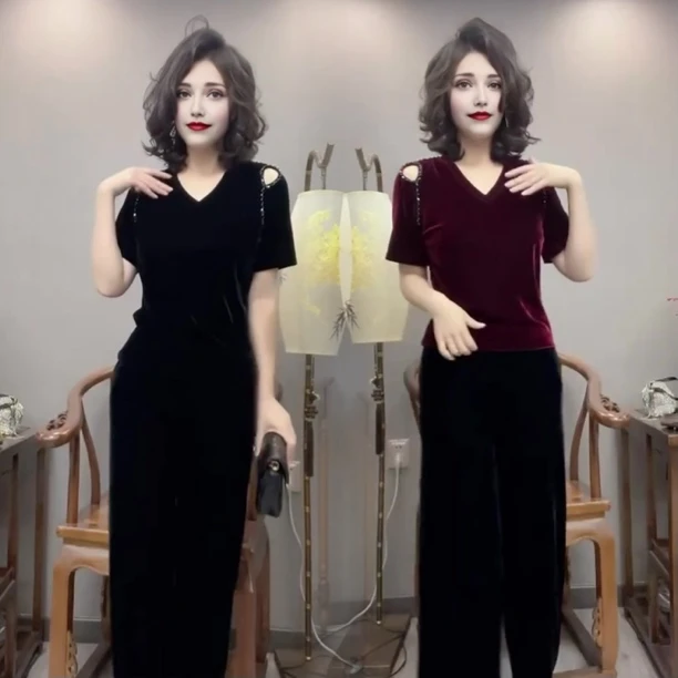 时尚气质轻奢贵气爆款金丝绒纯色串珠露肩短袖高腰阔腿裤两件套装