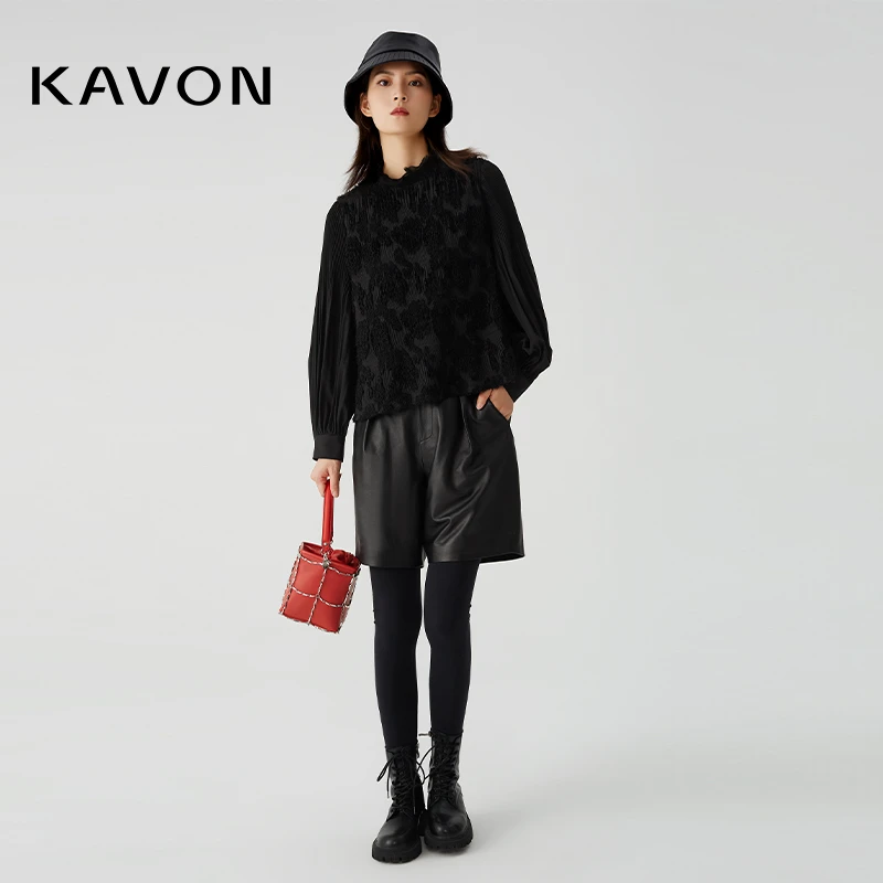 【晨粉专享价】文艺知性花边领压褶袖提花蕙兰花宽松衬衫KL4D431XA