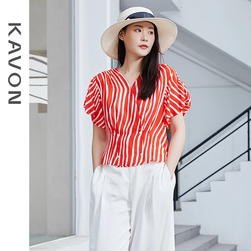 【晨晨精选】夏季红色条纹V领收腰显瘦衬衫女KK2D408IE