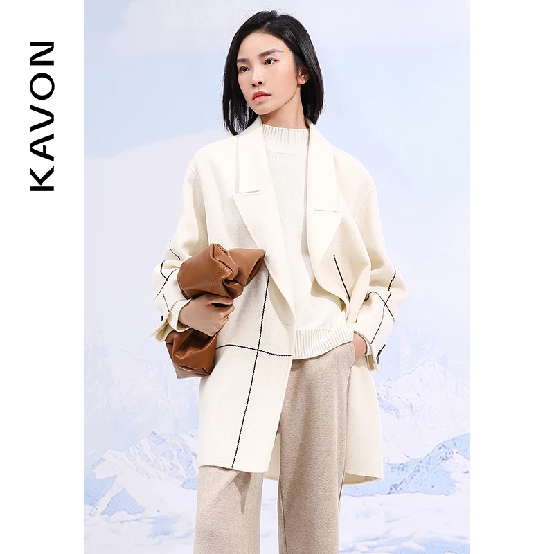 【晨粉专享价】简约大气撞色线中长款双面呢宽松羊毛外套KK4Y321HE