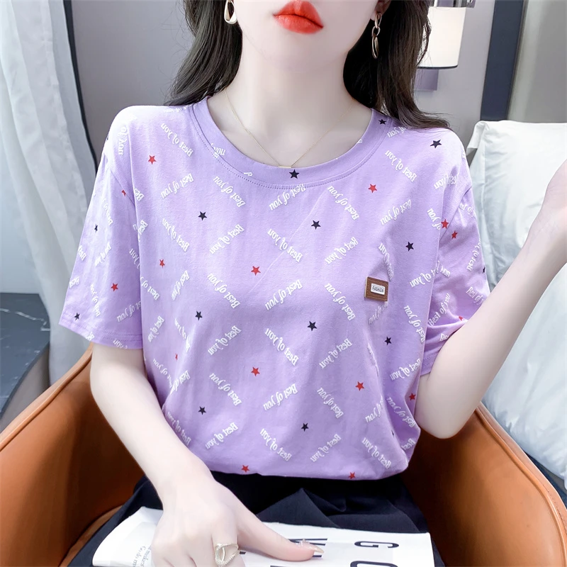 紫色纯棉短袖t恤ins潮夏季新款宽松女装正肩印花体恤上衣洋气夏装