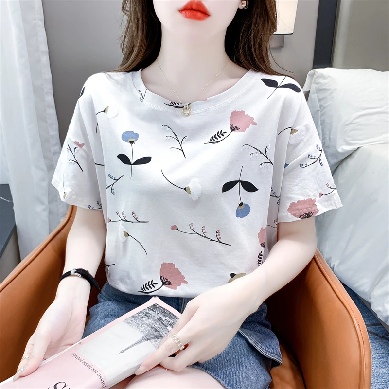 短袖t恤女装夏季新款韩版百搭花朵印花洋气减龄半袖女士白色上衣