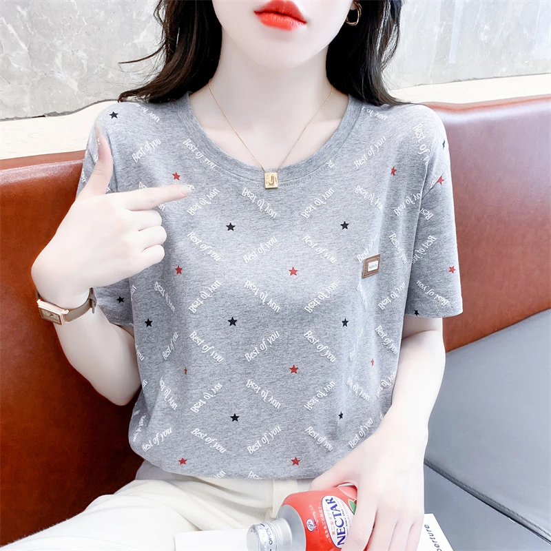 棉质短袖t恤女夏季宽松洋气印花圆领体恤时尚百搭显瘦女士上衣服