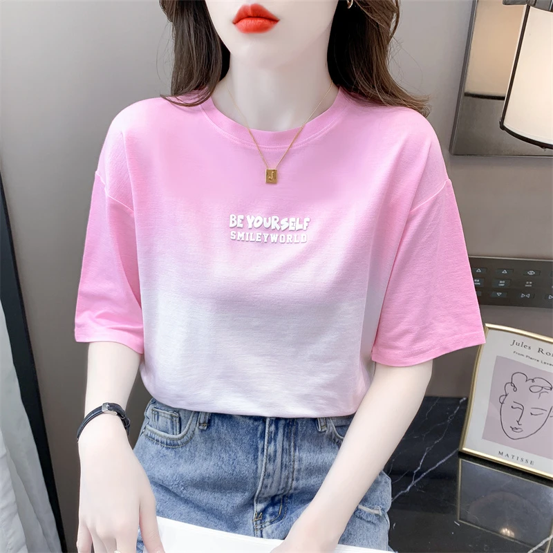 时尚渐变扎染印花短袖t恤女夏季新款宽松显瘦休闲白色圆领上衣