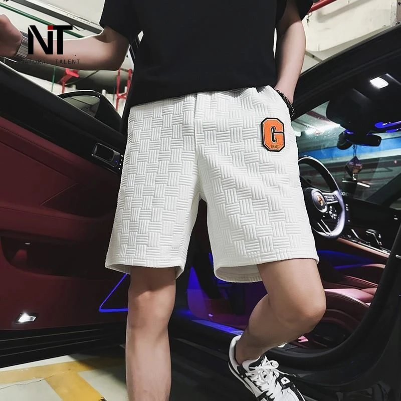 男士华夫格字母刺绣短裤男夏季休闲运动潮流直筒五分时尚沙滩裤男