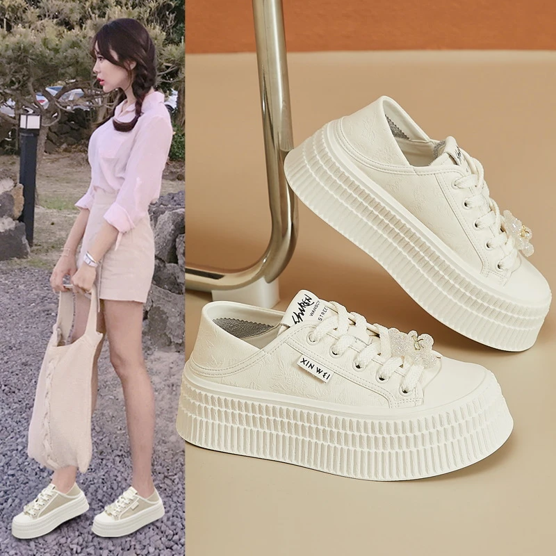 万达撤柜头层牛皮厚底白鞋女2025春季新款时尚百搭休闲鞋厚底两穿