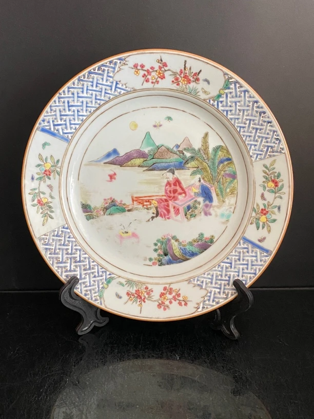 早期粉彩人物盘 老物件