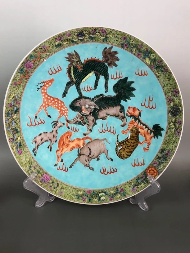 粉彩百兽图纹大赏盘花盘复古大盘圆盘陶瓷瓷盘，全品