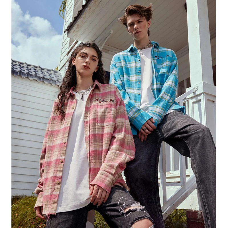 【老宋专属】美式嘻哈花藤刺绣流苏衬衣潮牌格子长袖cleanfit衬衫