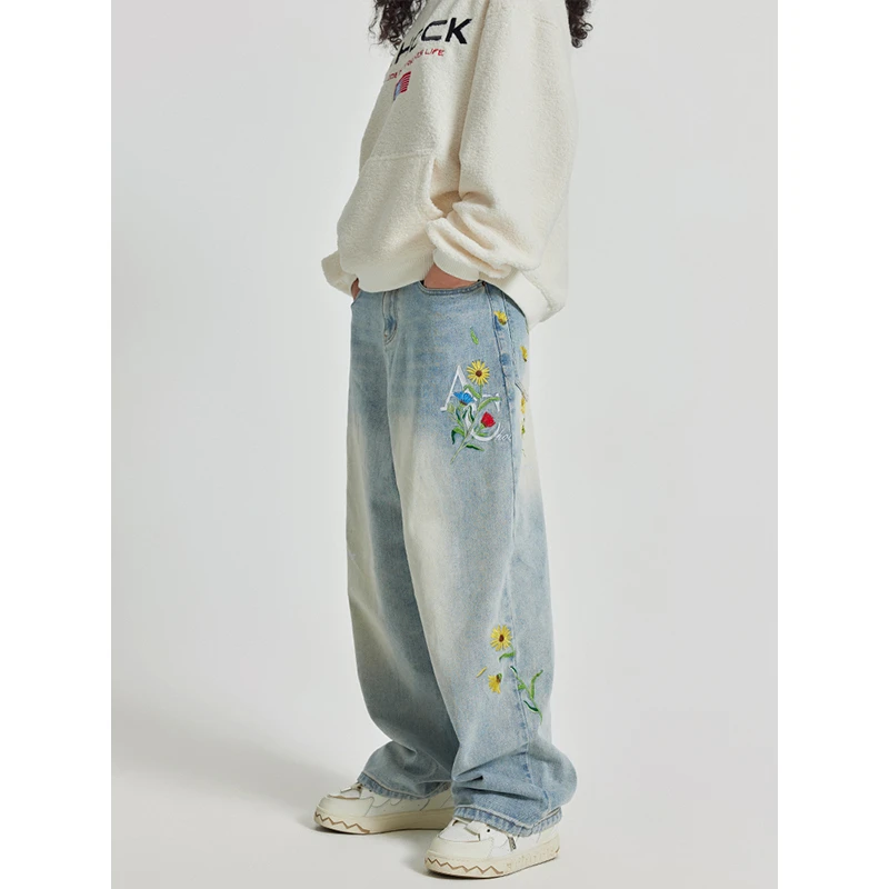 【Achock官方店】美式潮复古刺绣垂感长裤嘻哈情侣直筒阔腿牛仔裤