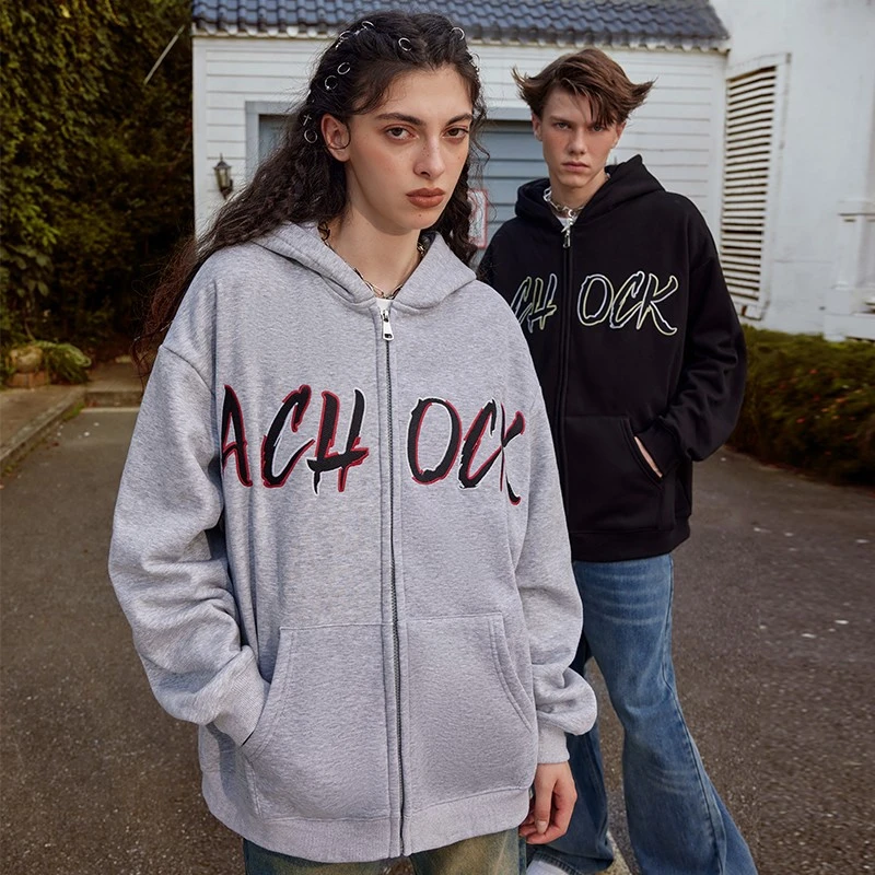 【Achock官方店】国潮毛粒绒刺绣印花拉链卫衣春季简约连帽外套男