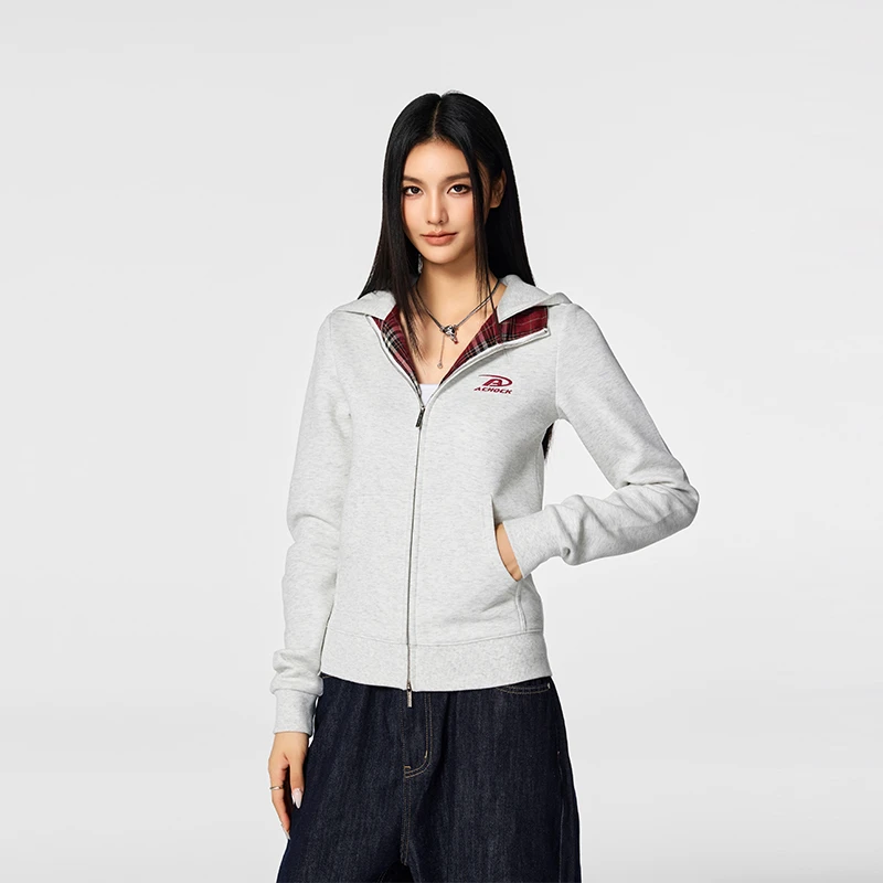 【Achock官方店】潮牌辣妹修身格子连帽卫衣美式简约休闲秋装外套