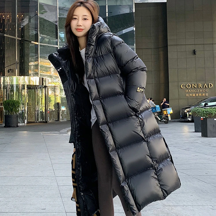 卉遇黑金鹅绒服黑色长款洋气修身保暖防风蓬松加厚过膝黑长羽绒服