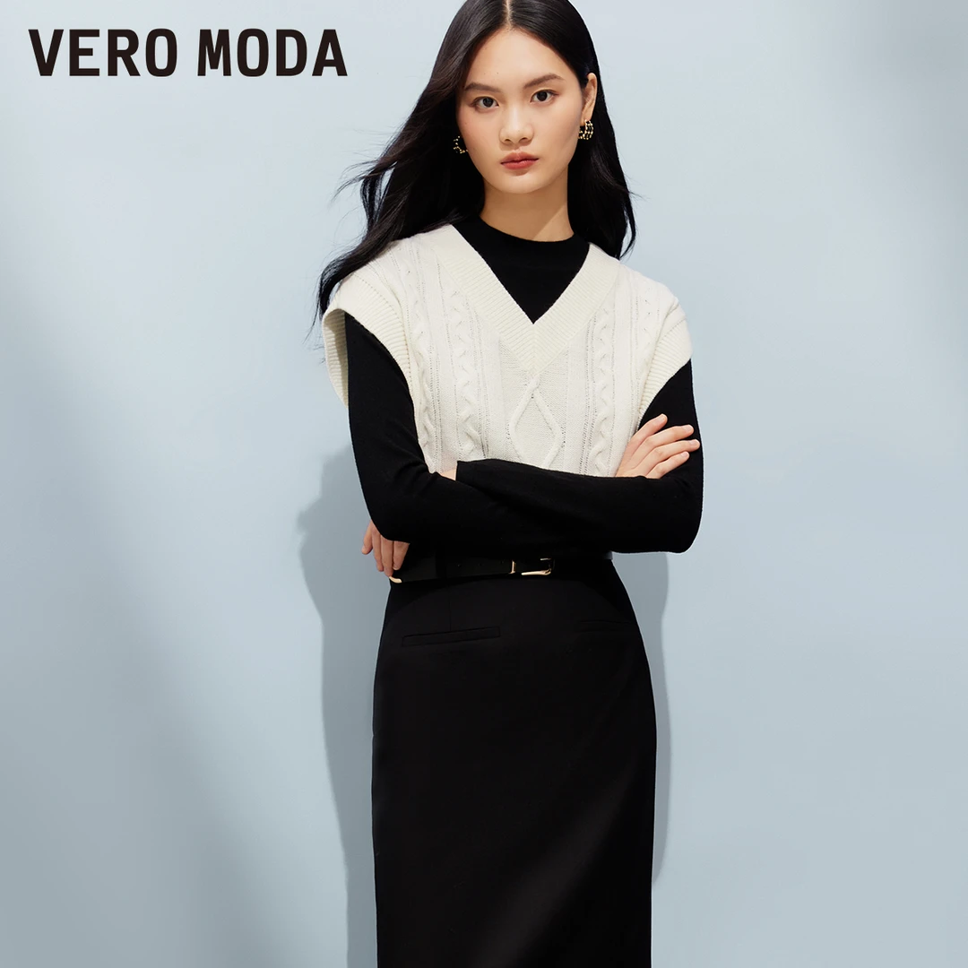 Vero Moda背心针织衫女V领落肩合体简约纯色宽松韩系洋气炸街