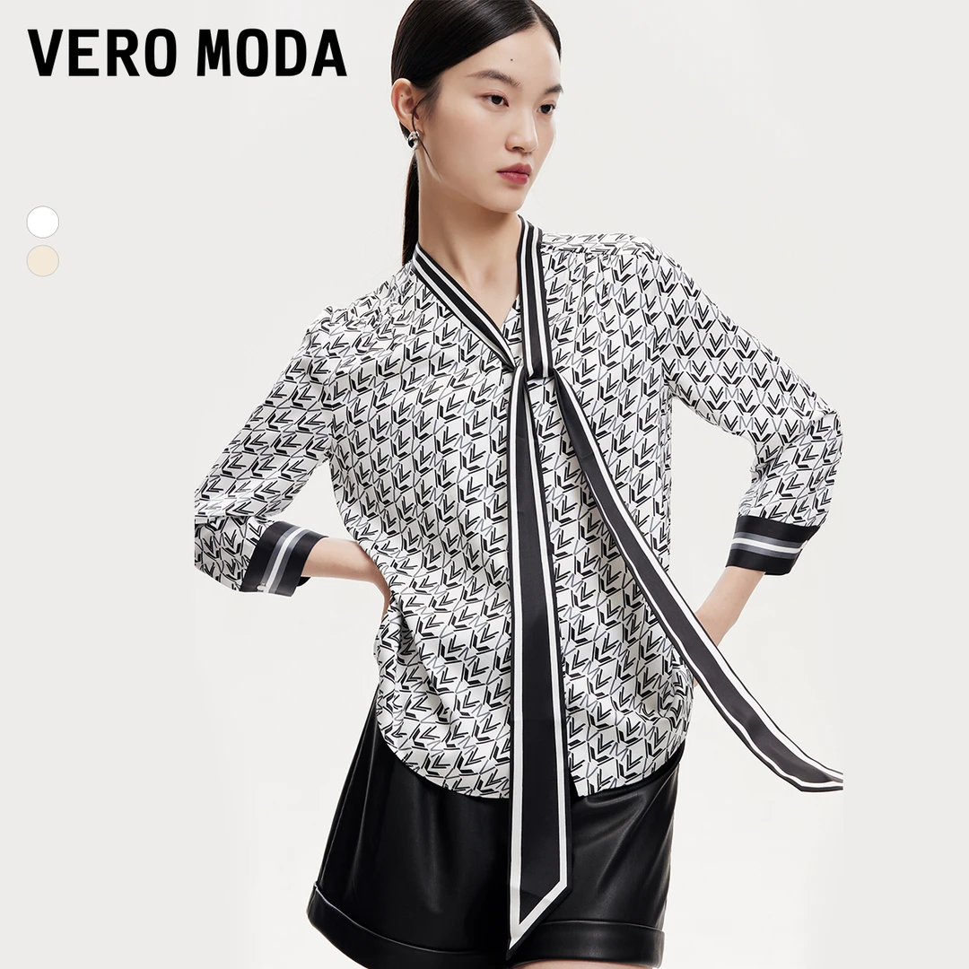 Vero Moda衬衫新款V领七分袖印花宽松丝带装饰高级感品质洋气上衣